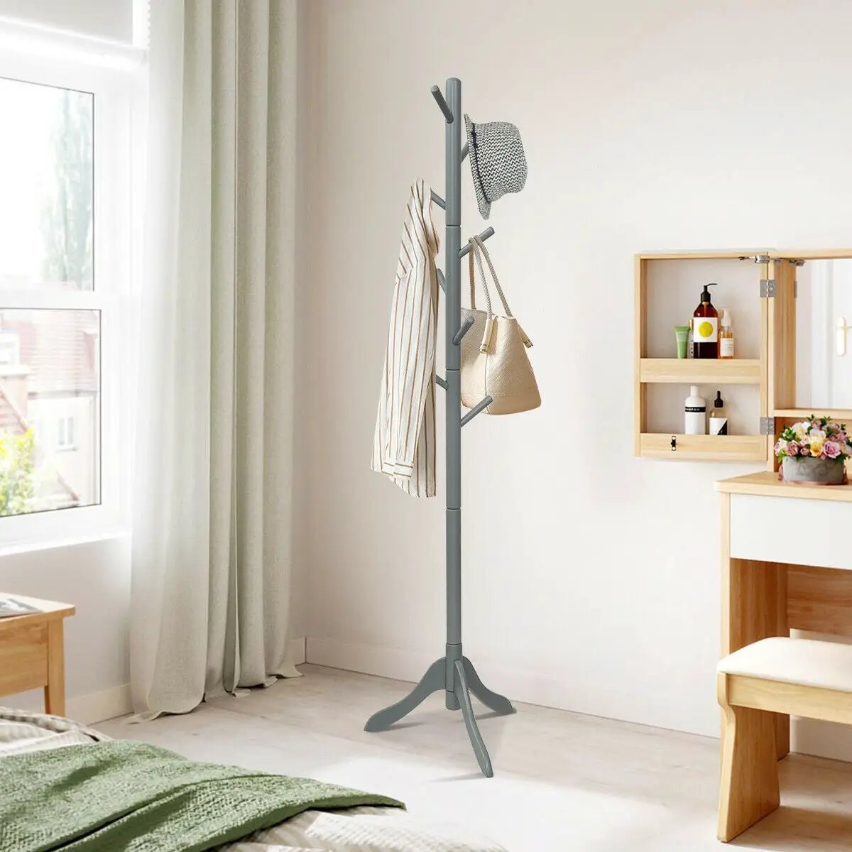 Adjustable Wooden Tree Coat Rack with 8 Hooks