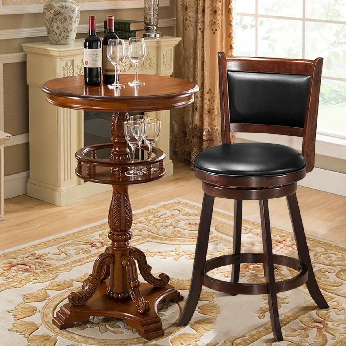 29 Inch Swivel Bar Height Stool Wooden Upholstered Dining Chair, photo 13 of 14