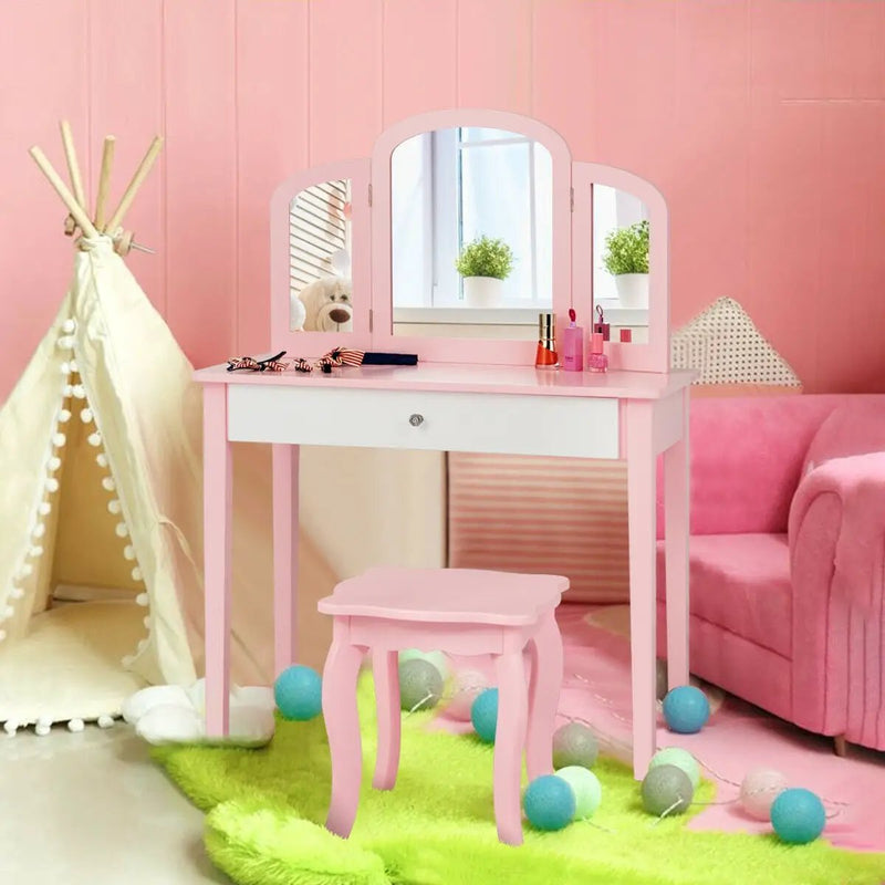 Kids Princess Make Up Dressing Table with Tri-folding Mirror and Chair by DirectDeals