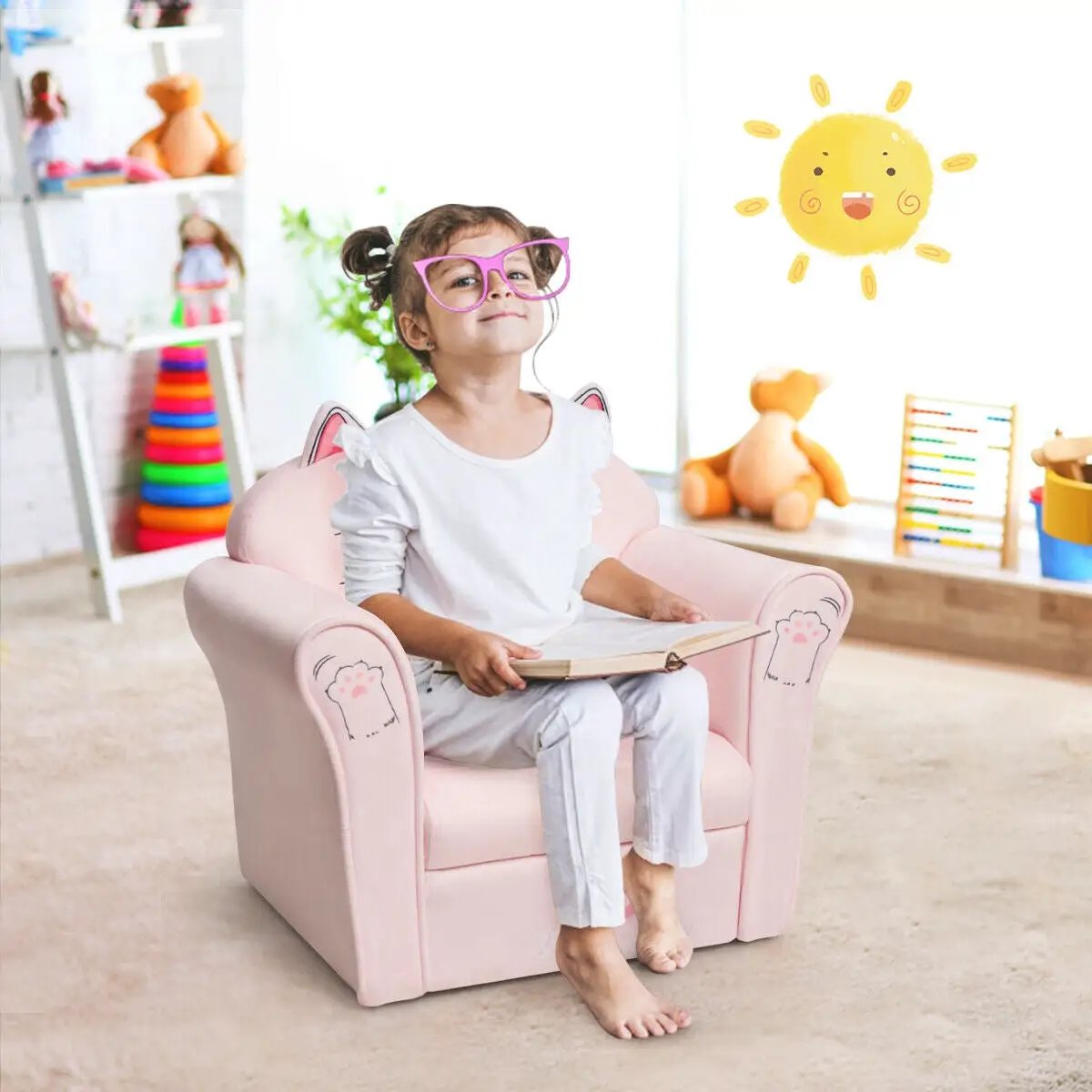Kids Upholstered Cat Armrest Couch Sofa with Linen Fabric by DirectDeals