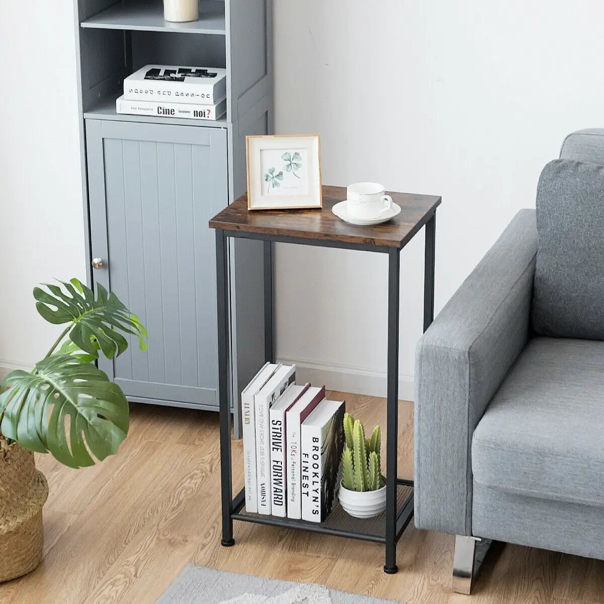 2-Tier Industrial End Table with Metal Mesh Storage Shelves by DirectDeals