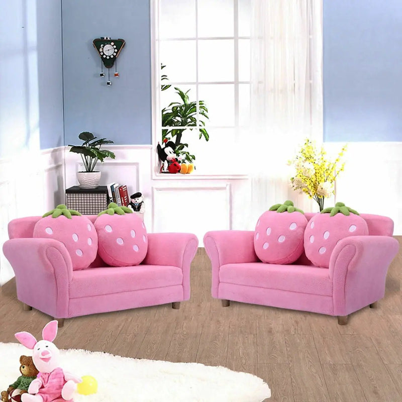 Kids Strawberry Armrest Chair Sofa with 2 Cute Strawberry Pillows-Pink by DirectDeals