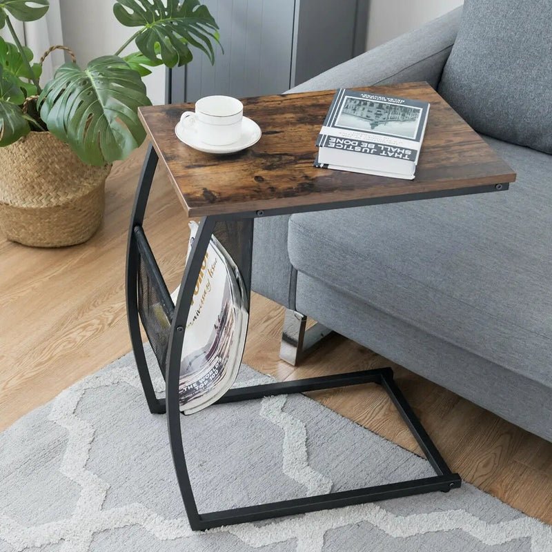 C-shaped Vintage End Table with Side Pocket and Metal Frame by DirectDeals
