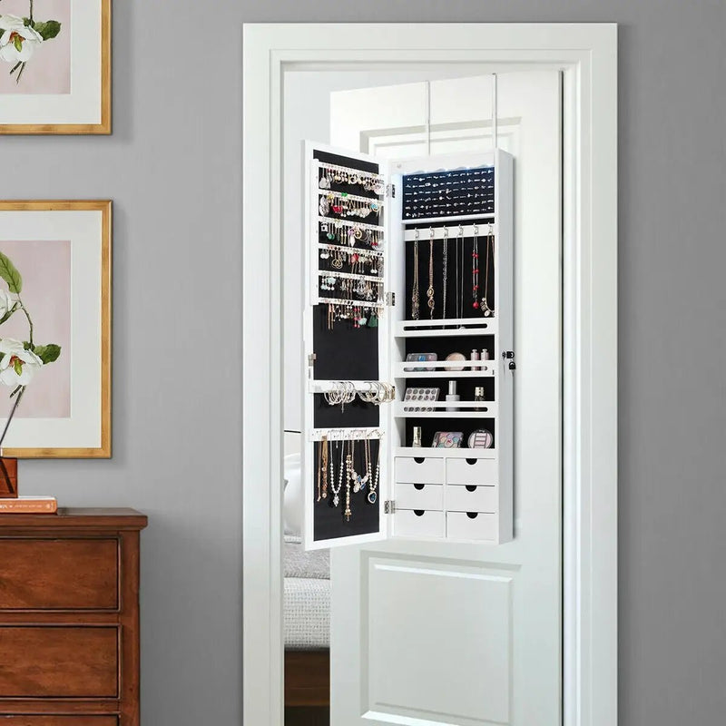 5 LEDs Lockable Mirror Jewelry Cabinet Armoire with 6 Drawers-White by DirectDeals