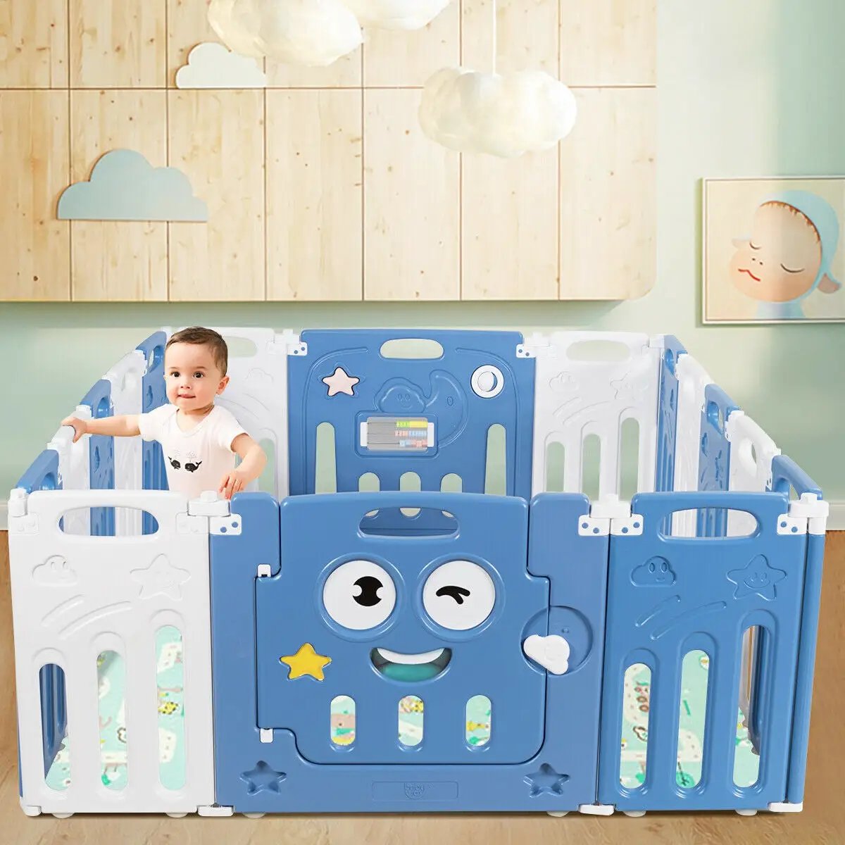 16-Panel Foldable Baby Playpen Kids Activity Centre-Blue by DirectDeals