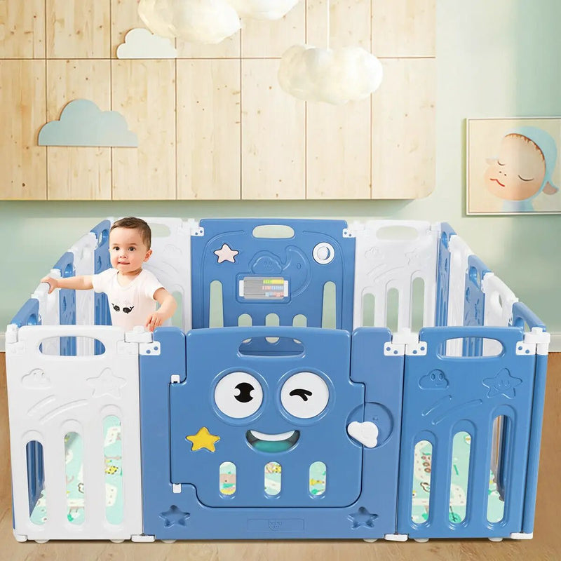 16-Panel Foldable Baby Playpen Kids Activity Centre-Blue by DirectDeals
