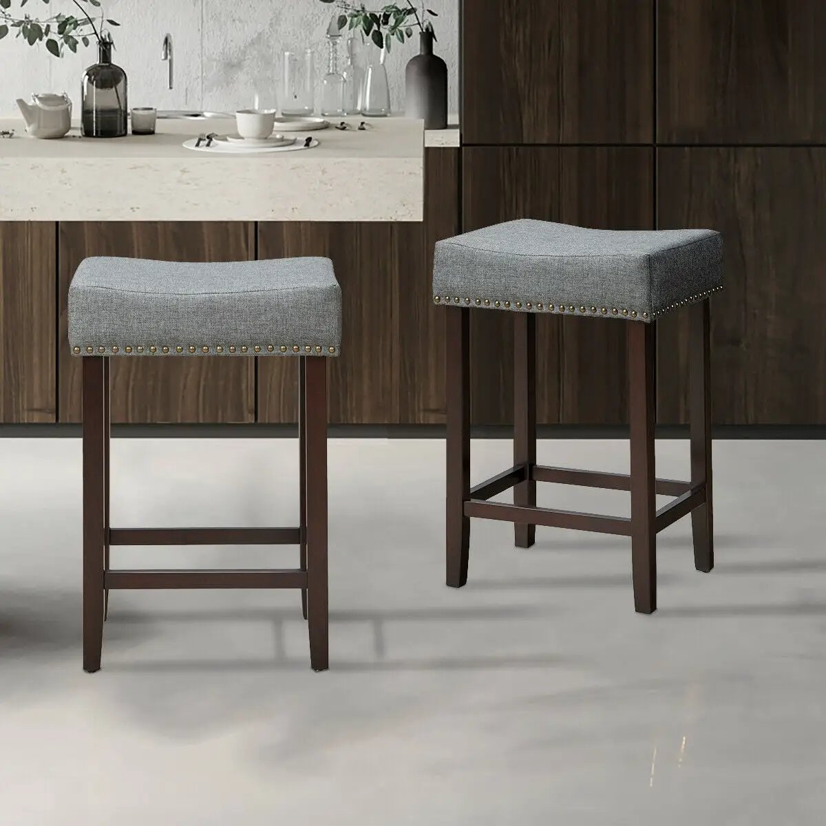 Set of 2 Nailhead Saddle Bar Stools 24 Inch Height, photo 15 of 16