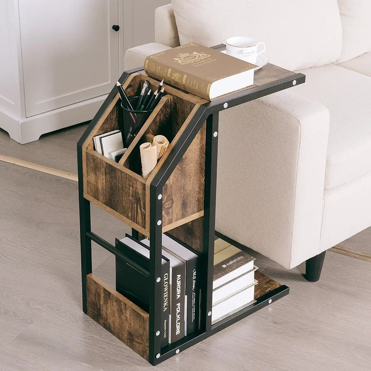 Industrial C-Shape Snack End Table with Storage Space by DirectDeals