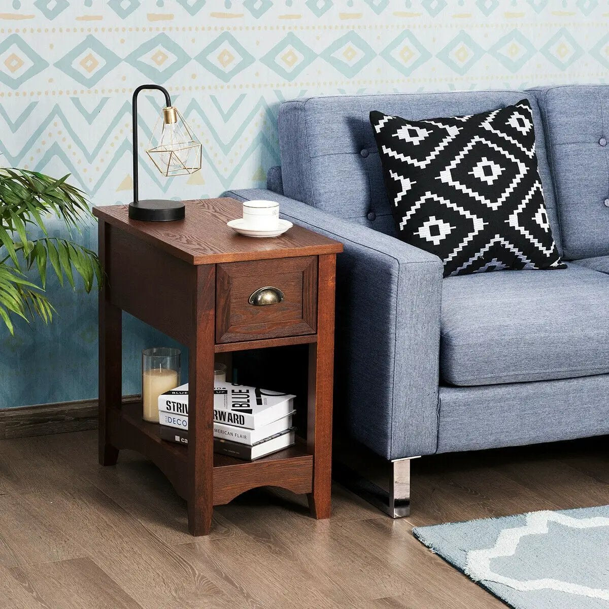 2 Pieces Retro Narrow Tiered End Table with Drawer and Storing Shelf, photo 2 of 10