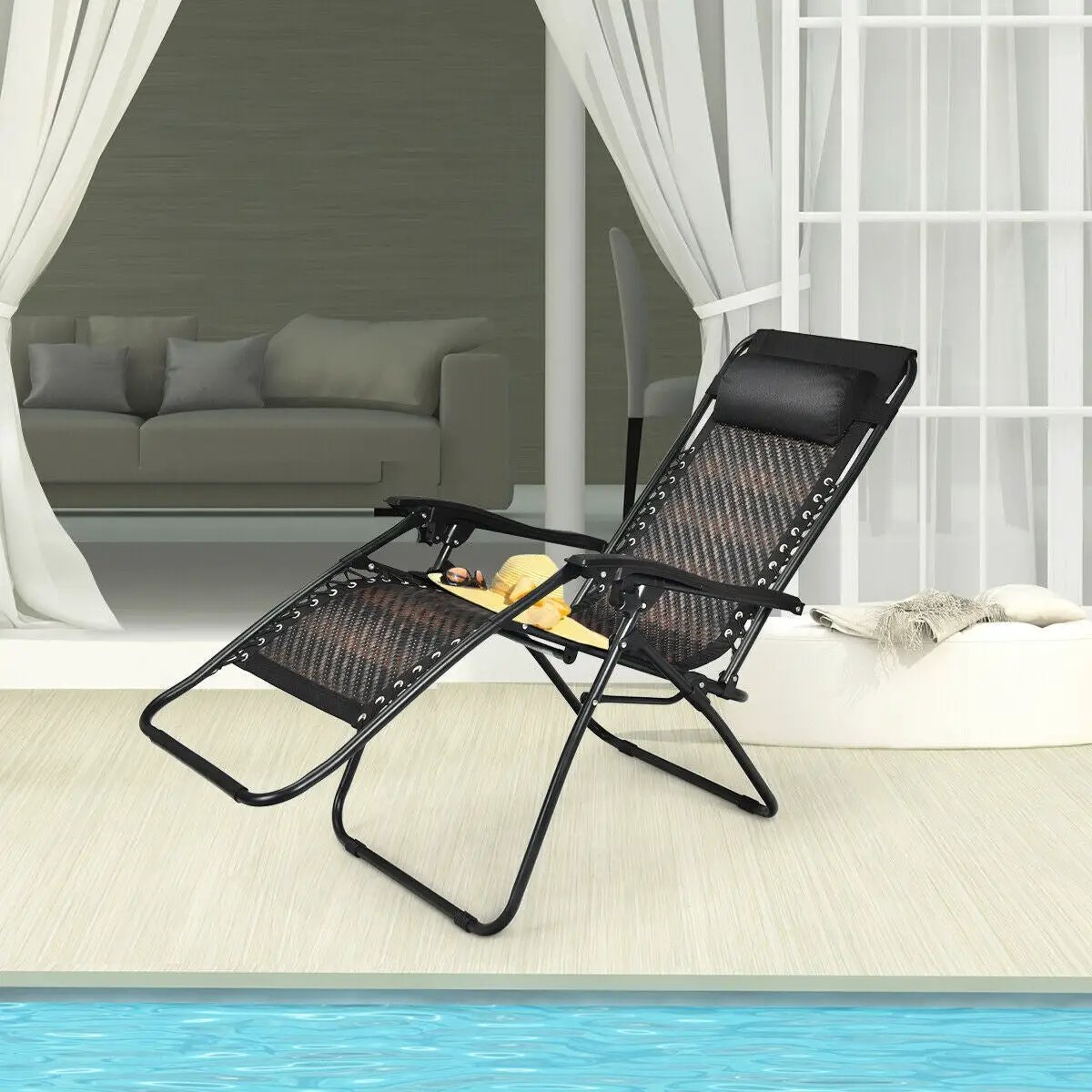 Folding Rattan Zero Gravity Lounge Chair with Removable Head Pillow