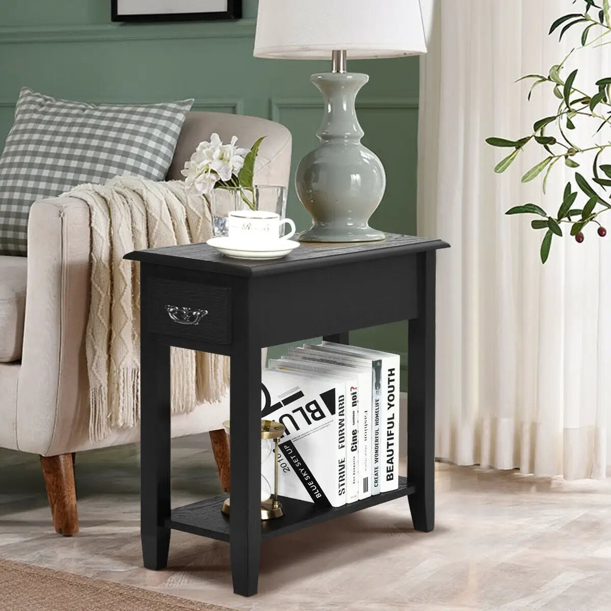 End Table Bedside Sofa End Table Narrow Nightstand with Wooden Legs