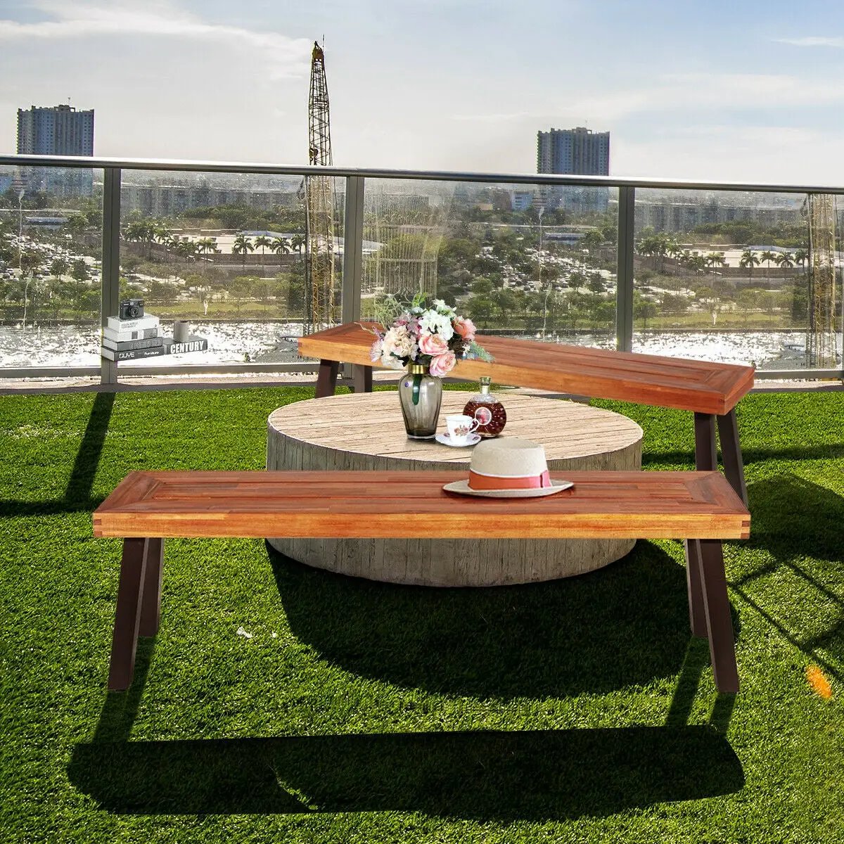 Set of 2 Patio Acacia Wood Dining Benches by DirectDeals