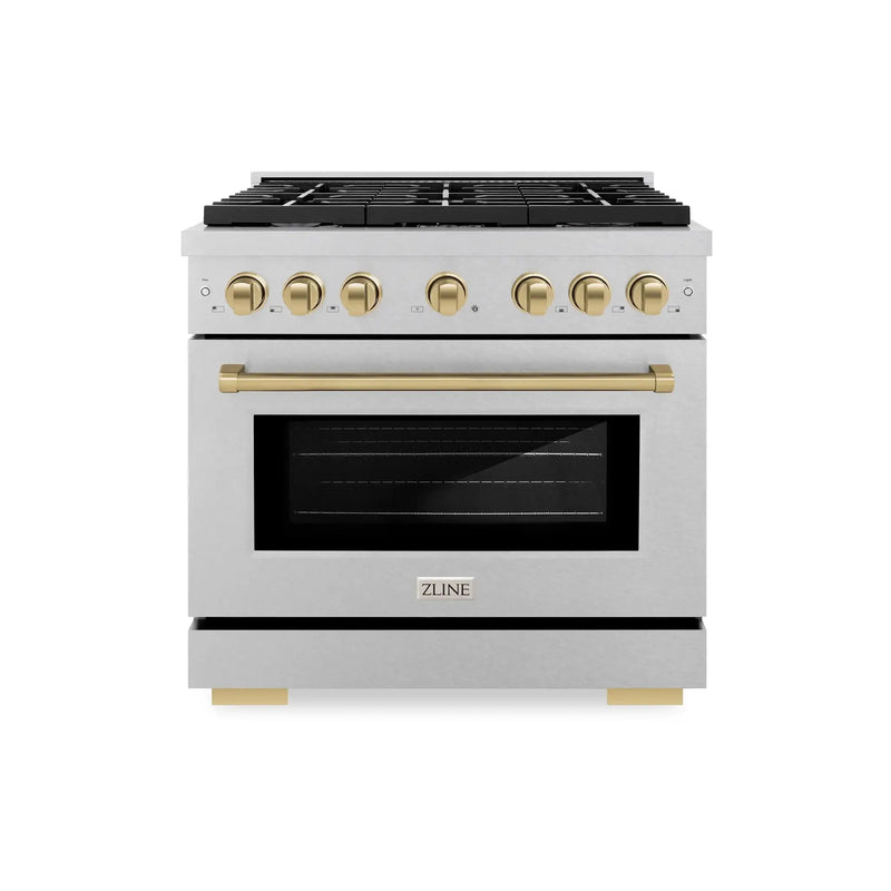 ZLINE 36"Paramount Dual Fuel Range DuraSnow® Champagne Bronze SDRSZ-36-CB by Farmhouse Kitchen and Bath