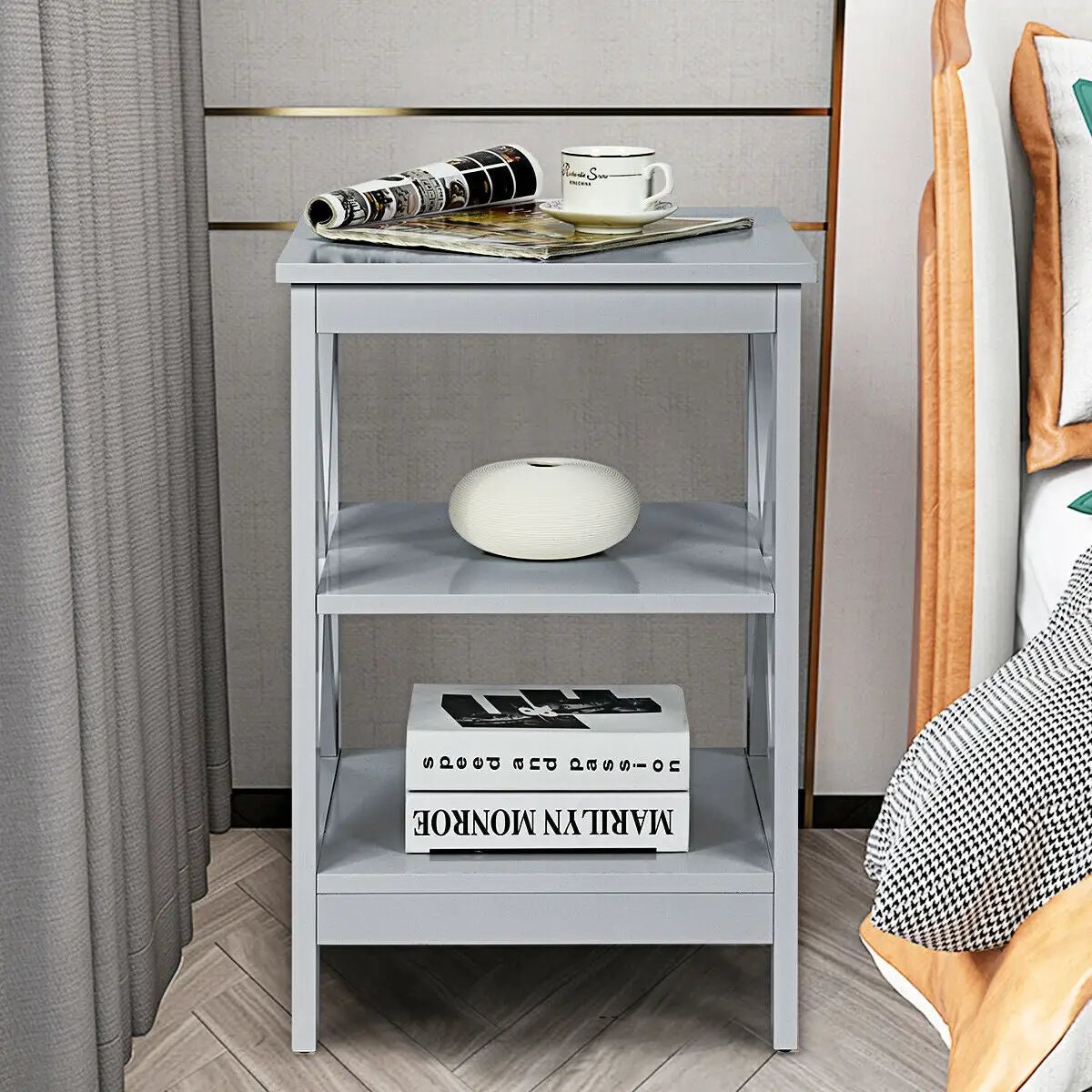 3-Tier Nightstand End Table with X Design Storage by DirectDeals