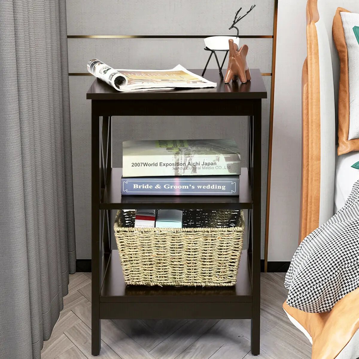 3-Tier Nightstand End Table with X Design Storage, photo 6 of 16