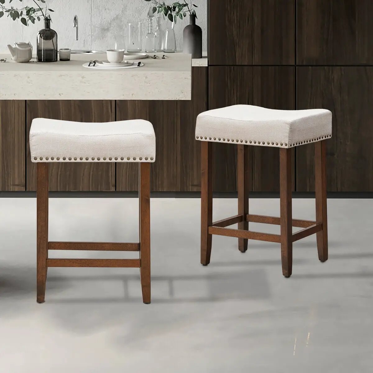 Set of 2 Nailhead Saddle Bar Stools 24 Inch Height, photo 14 of 16
