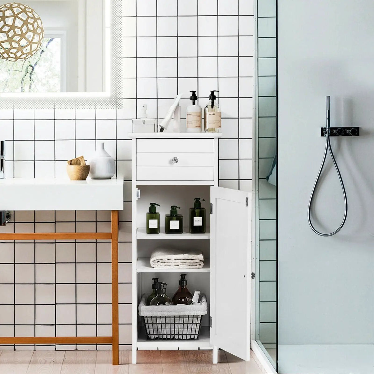 Wooden Bathroom Floor Storage Cabinet with Drawer and Shelf, photo 4 of 32