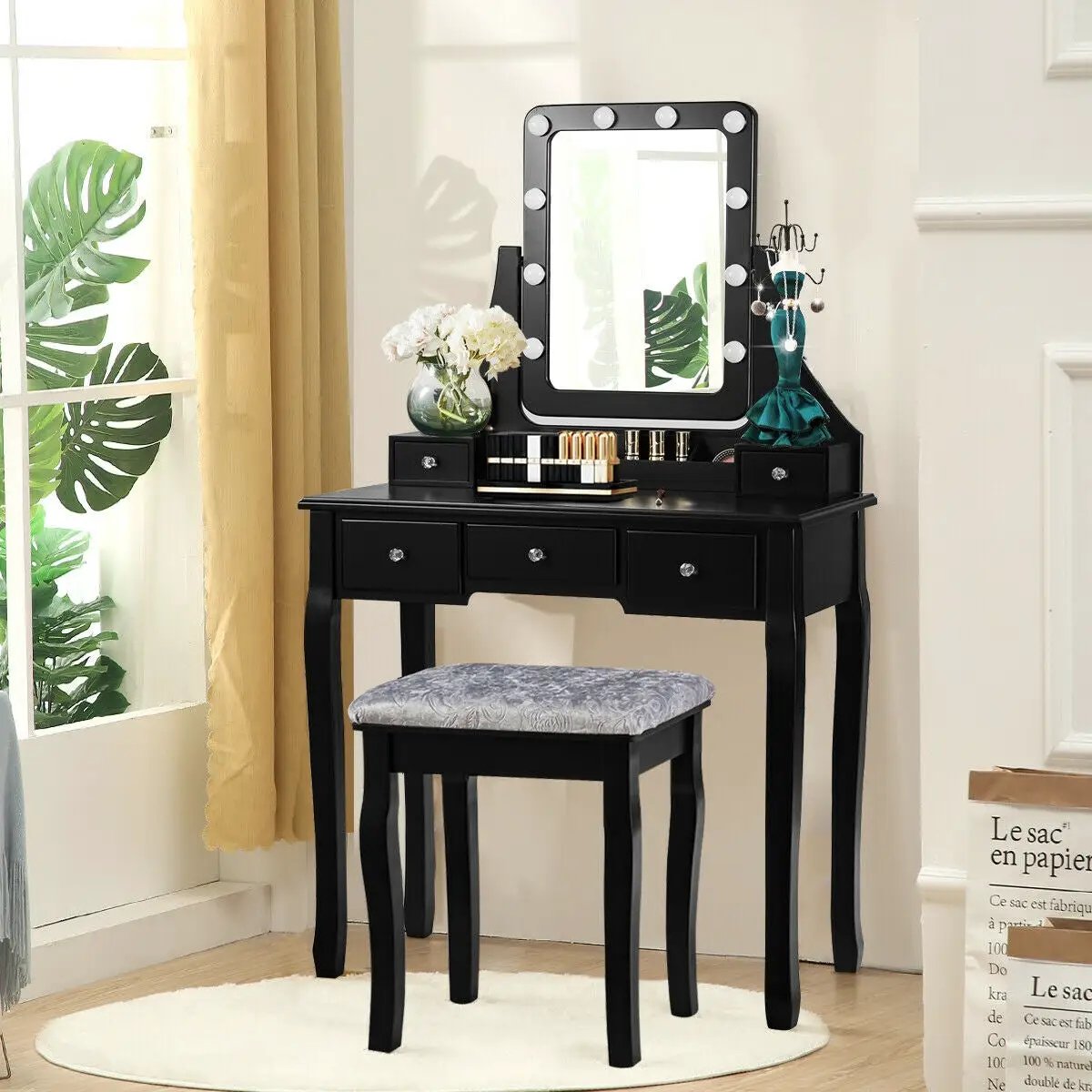Vanity Dressing Table Set with 10 Dimmable Bulbs and Cushioned Stool by DirectDeals