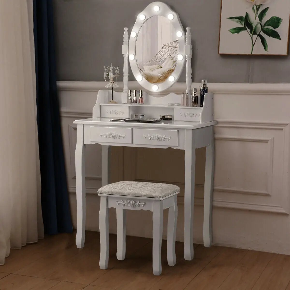 Makeup Vanity Dressing Table Set with Dimmable Bulbs Cushioned Stool, photo 6 of 10