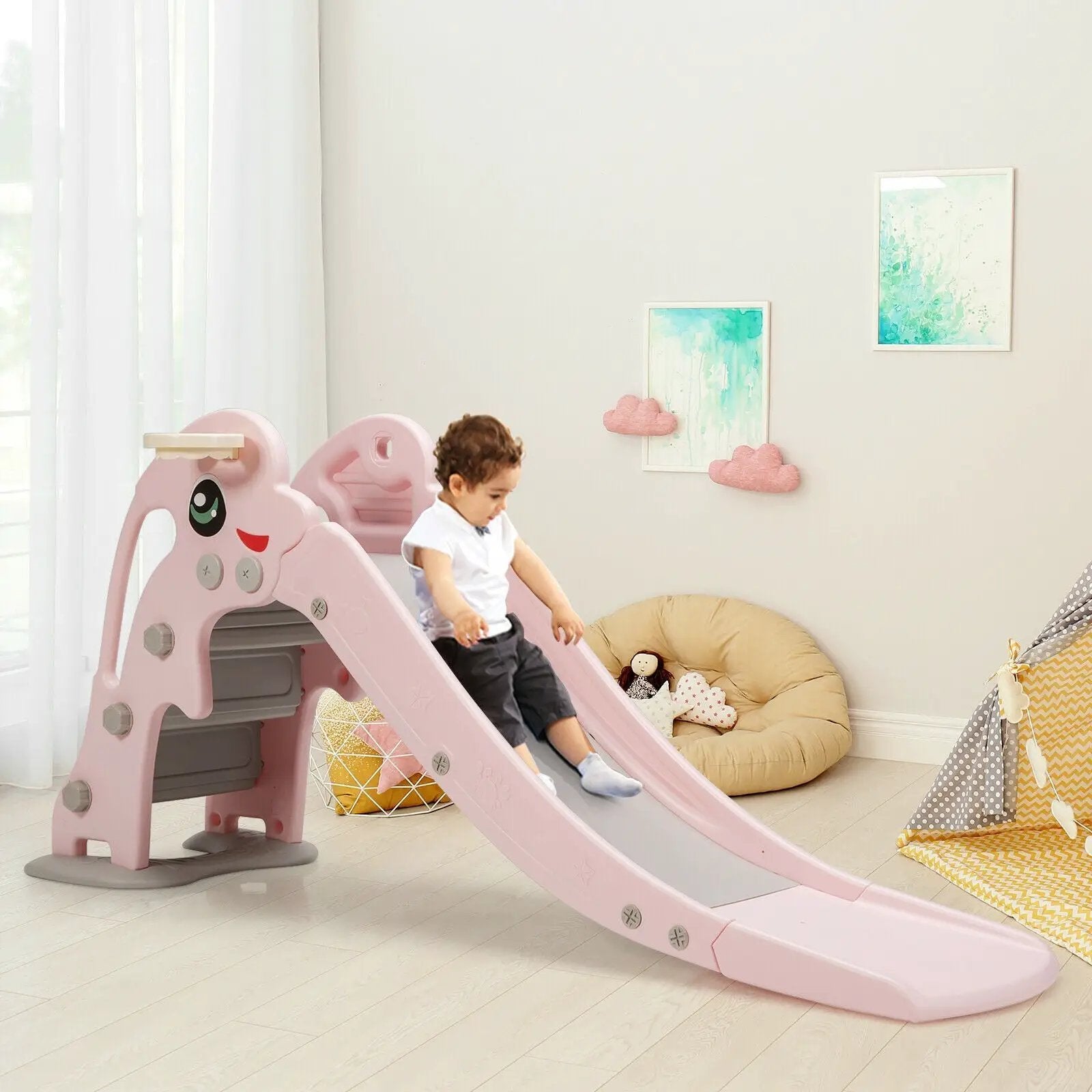 3-in-1 Kids Climber Slide Play Set with Basketball Hoop and Ball by DirectDeals