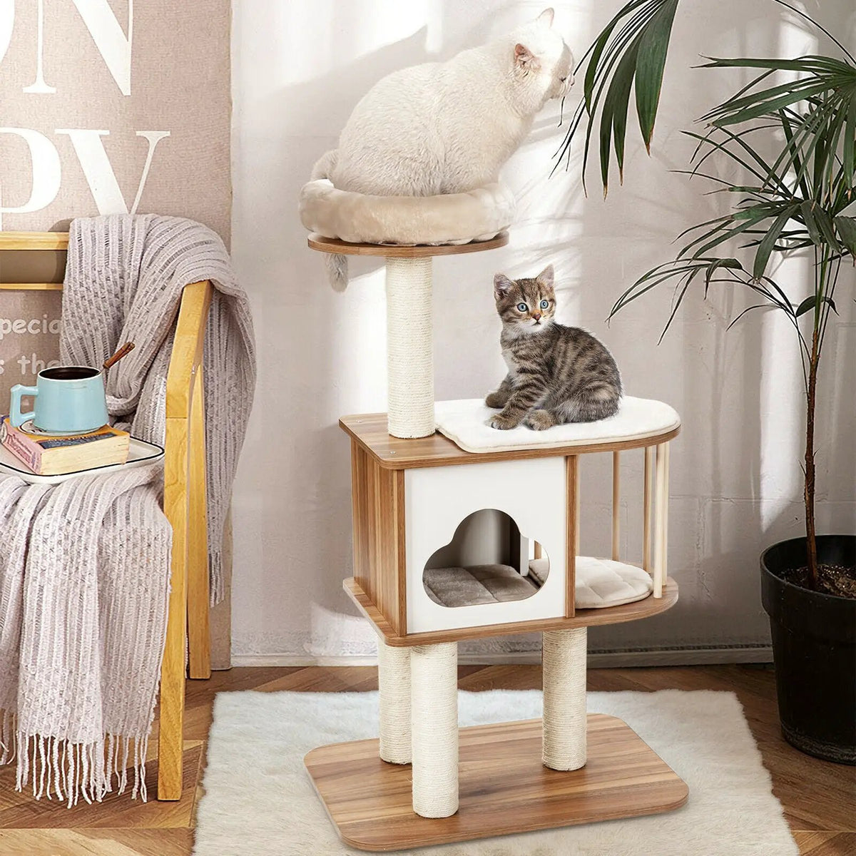 46 Inch Wooden Cat Activity Tree with Platform and Cushions, photo 2 of 9