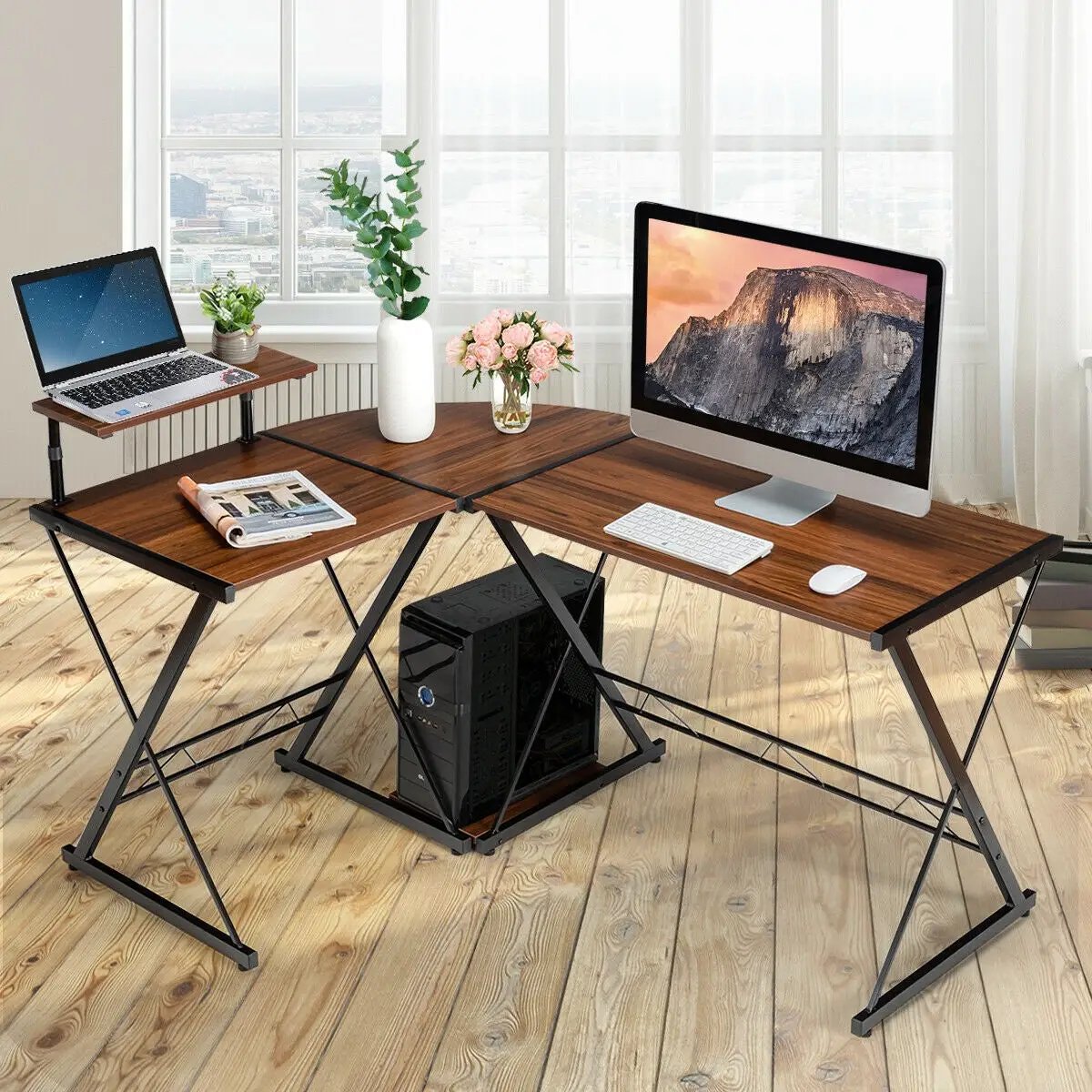 L-Shaped Desk Reversible Corner Computer Desk with Movable Shelf and CPU Stand, photo 3 of 24
