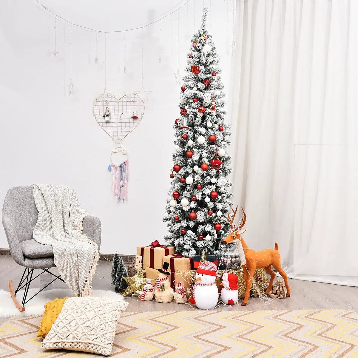 7.5 Feet Unlit Hinged Snow Flocked Artificial Pencil Christmas Tree with 641 Tips by DirectDeals