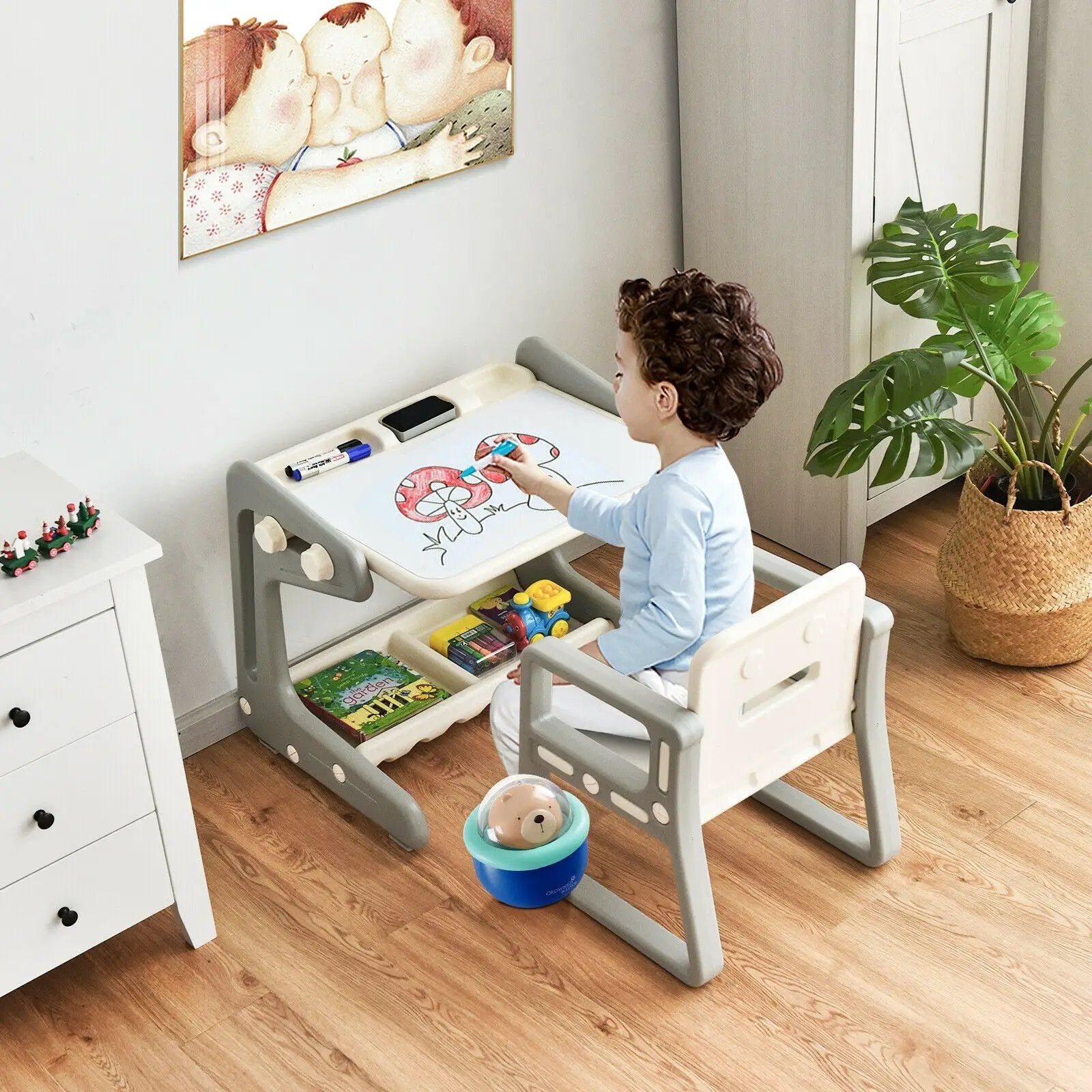 2 in 1 Kids Easel Table and Chair Set with Adjustable Art Painting Board by DirectDeals