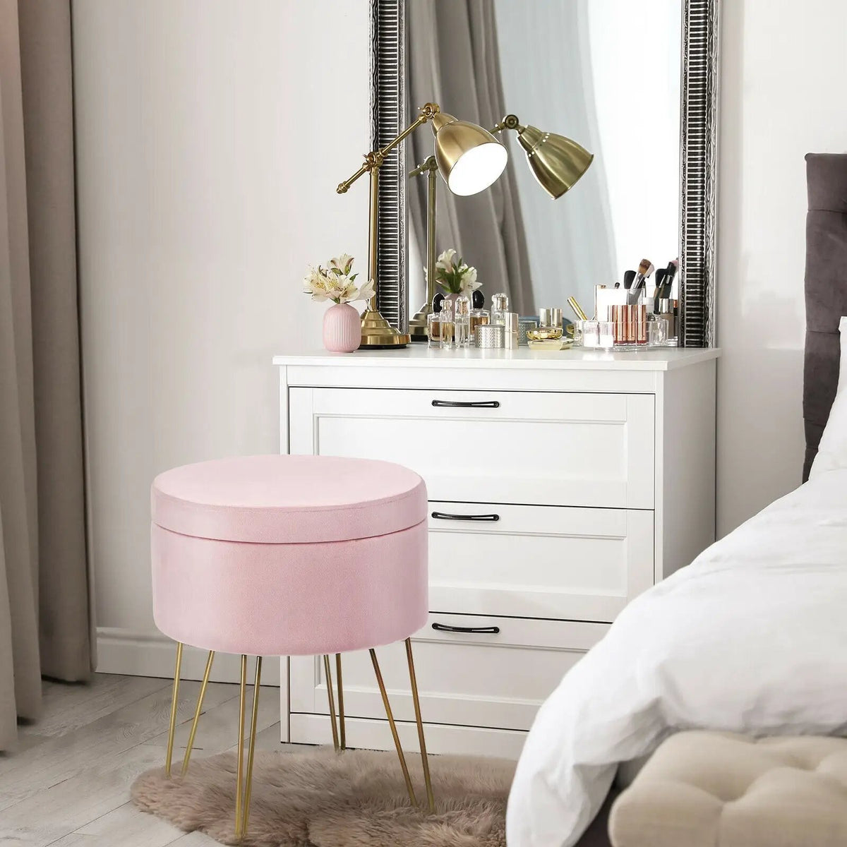 Round Velvet Storage Ottoman Footrest Stool Vanity Chair with Metal Legs, photo 20 of 24