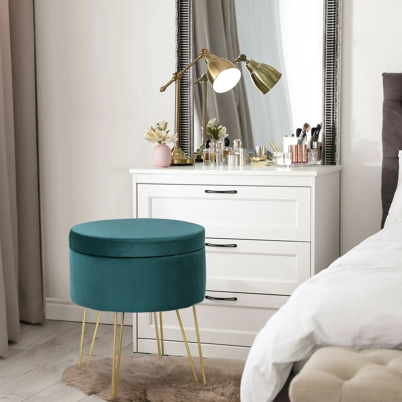 Round Velvet Storage Ottoman Footrest Stool Vanity Chair with Metal Legs by DirectDeals