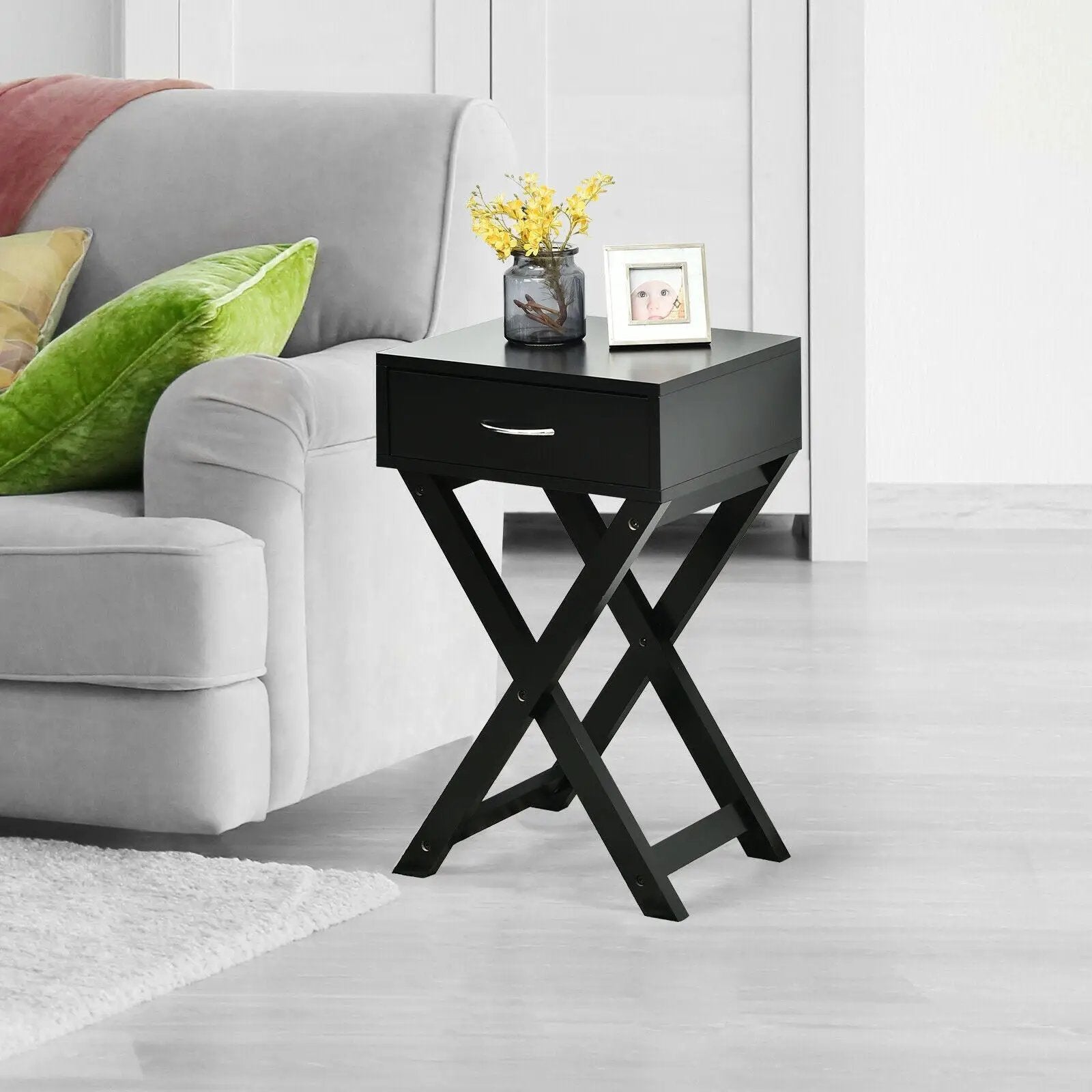 Design Sofa Side Table with X-Shape Drawer for Living Room Bedroom by DirectDeals