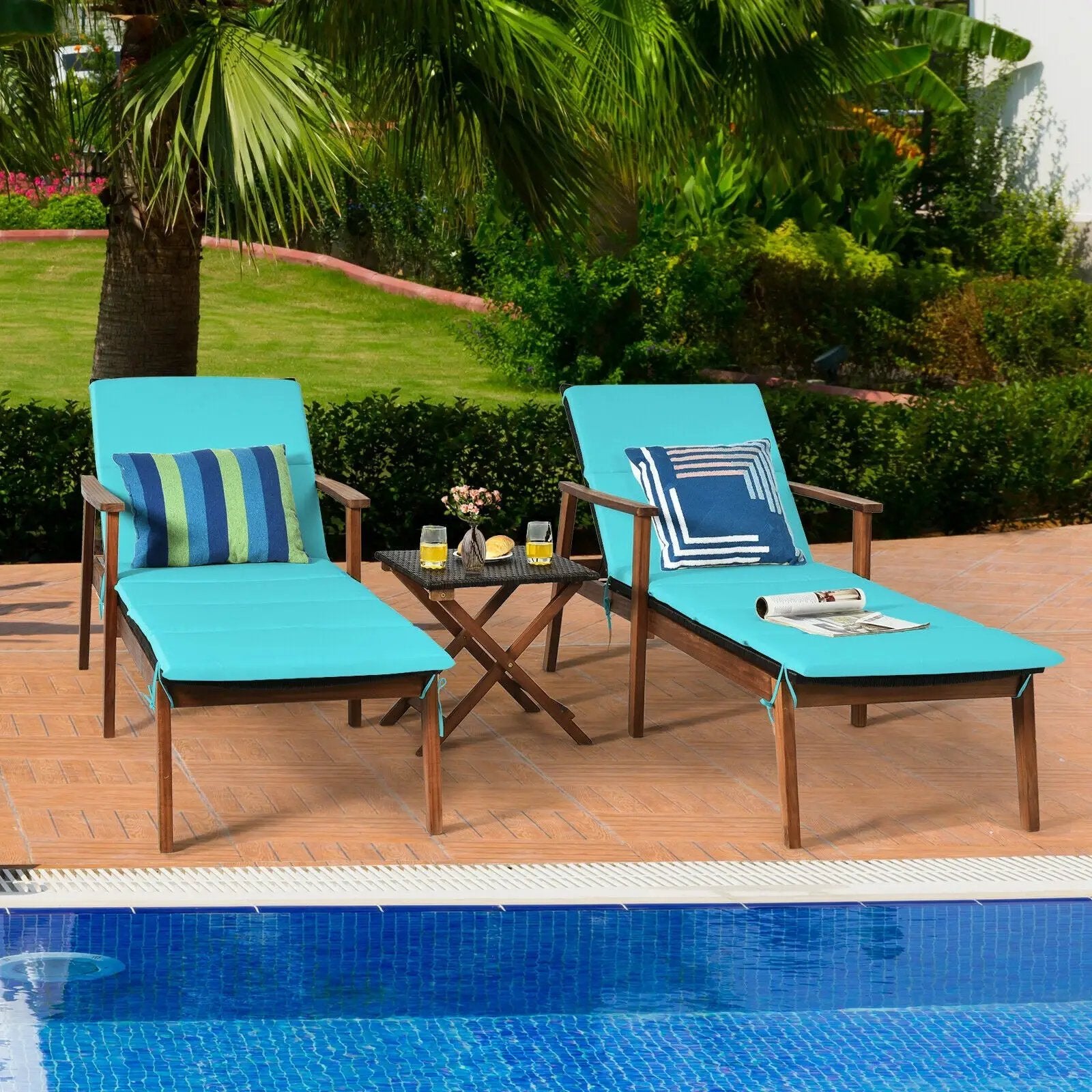 3 Pieces Portable Patio Cushioned Rattan Lounge Chair Set with Folding Table by DirectDeals