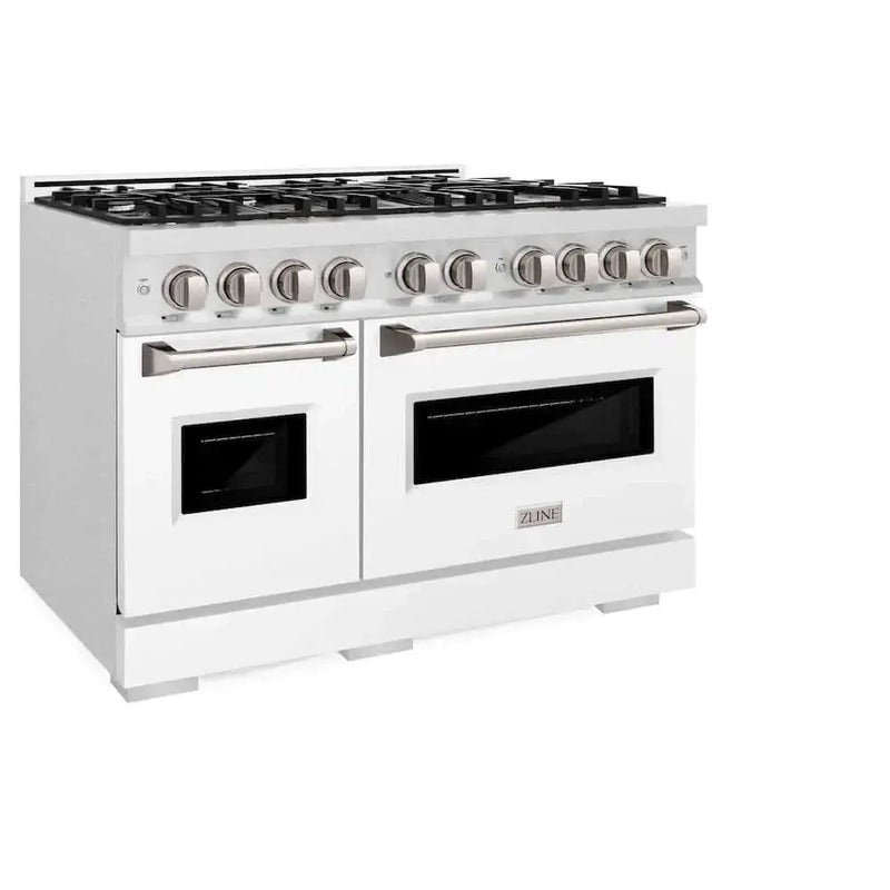 ZLINE 48"Classic Gas Range, Convection Gas Oven, DuraSnow® Stainless Steel, White Matte Door CGRS-WM-48 by Farmhouse Kitchen and Bath
