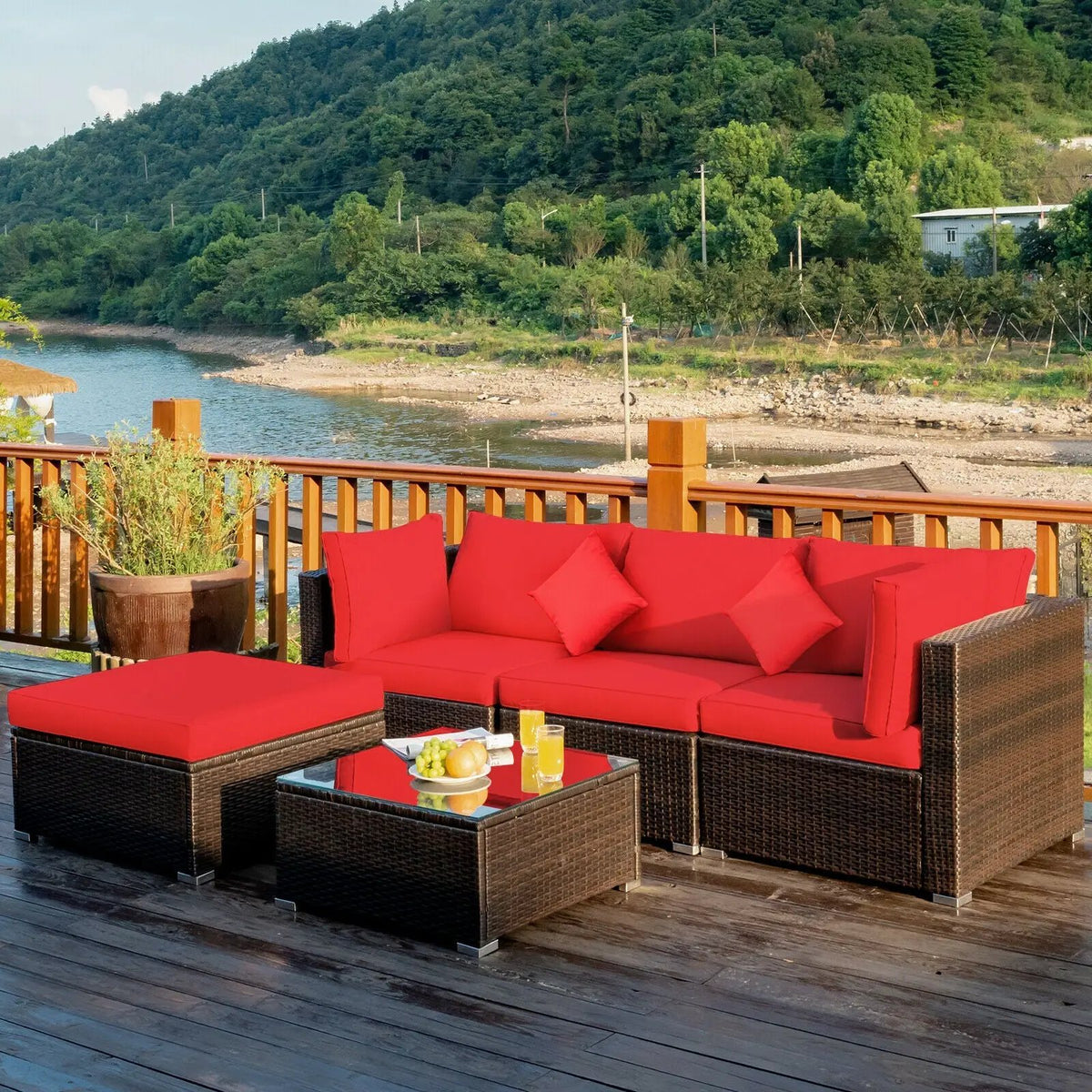 5 Pcs Outdoor Patio Rattan Furniture Set Sectional Conversation with Navy Cushions-Turquoise by DirectDeals
