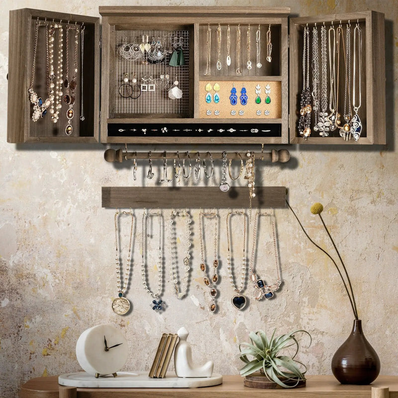 Vintage Wood Wall Mounted Jewelry Organizer with Barn Door-Brown by DirectDeals