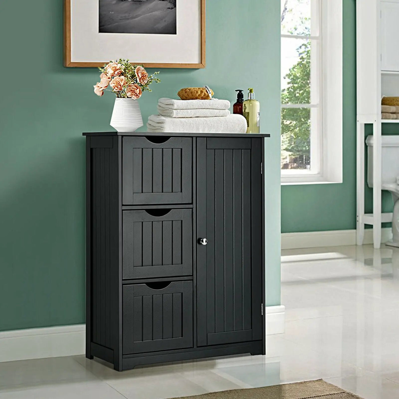 Bathroom Floor Cabinet Side Storage Cabinet with 3 Drawers and 1 Cupboard by DirectDeals