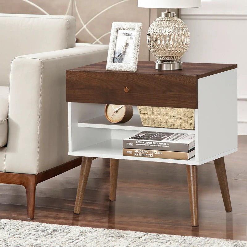 Mid-Century Nightstand with Drawer and Rubber Wood Legs by DirectDeals