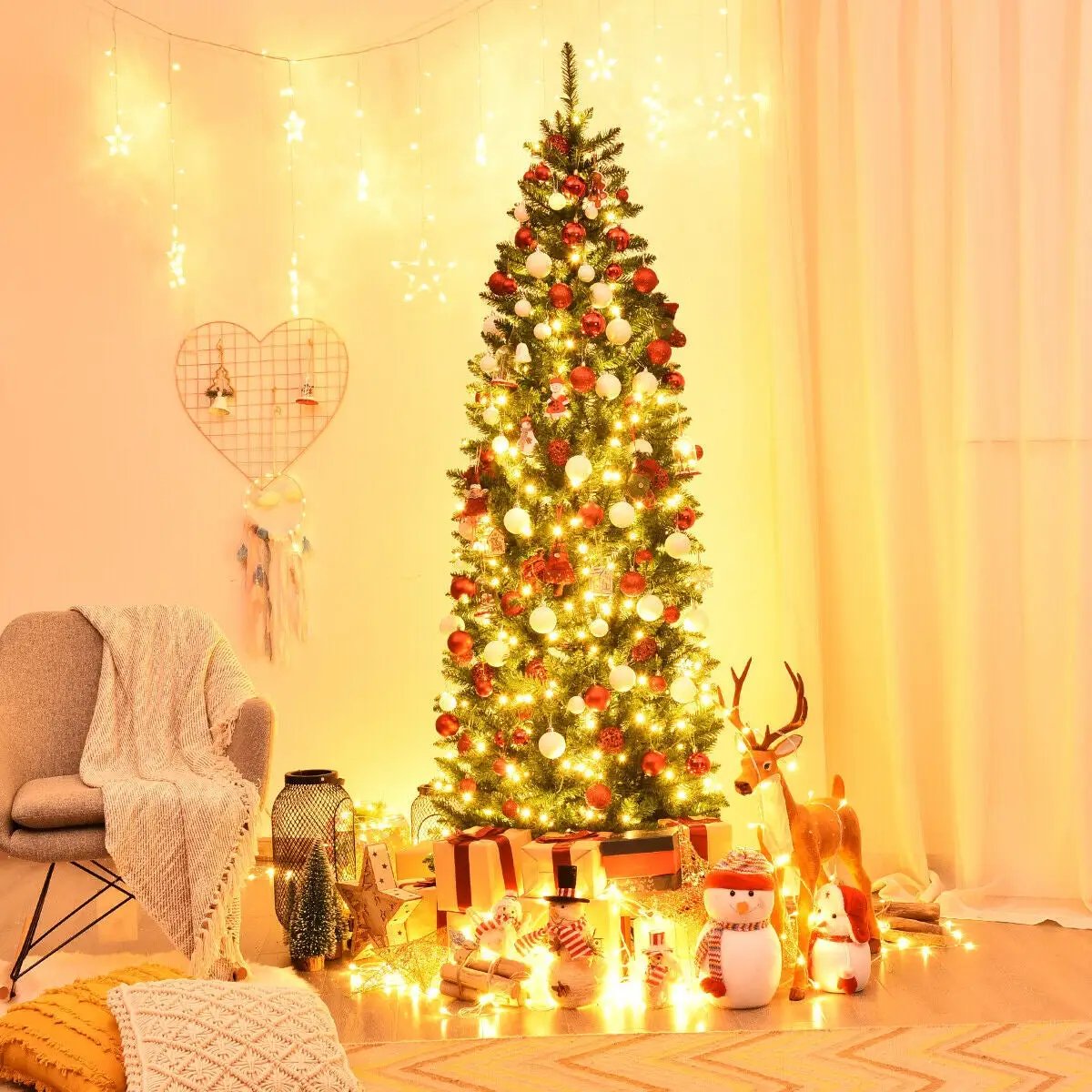 6 Feet PVC Hinged Pre-lit Artificial Fir Pencil Christmas Tree with 150 Lights, photo 2 of 24