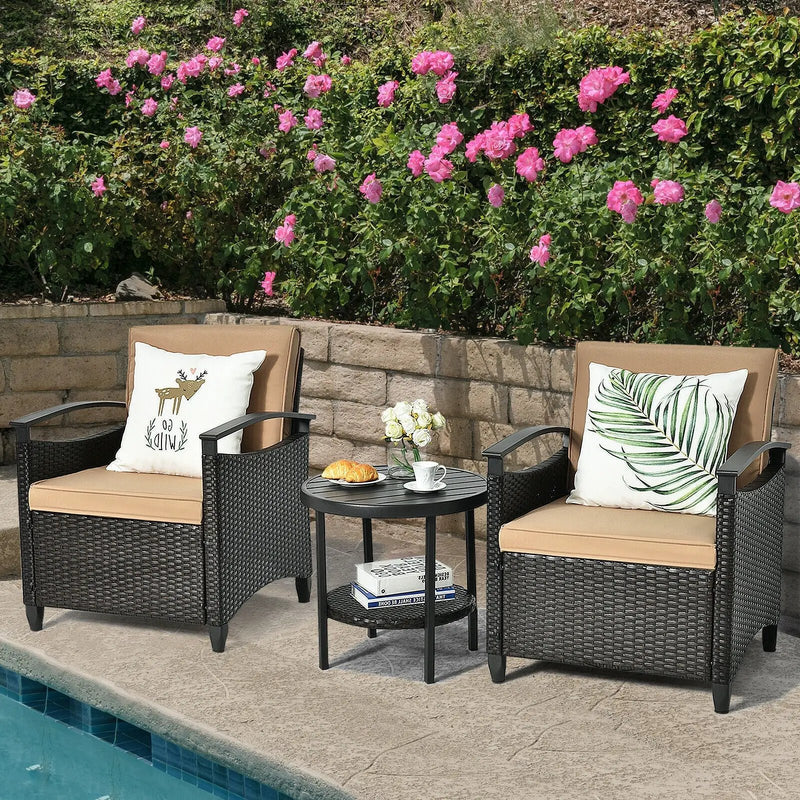 3 Pieces Patio Rattan Furniture Set Cushioned Sofa Storage Table with Shelf Garden by DirectDeals