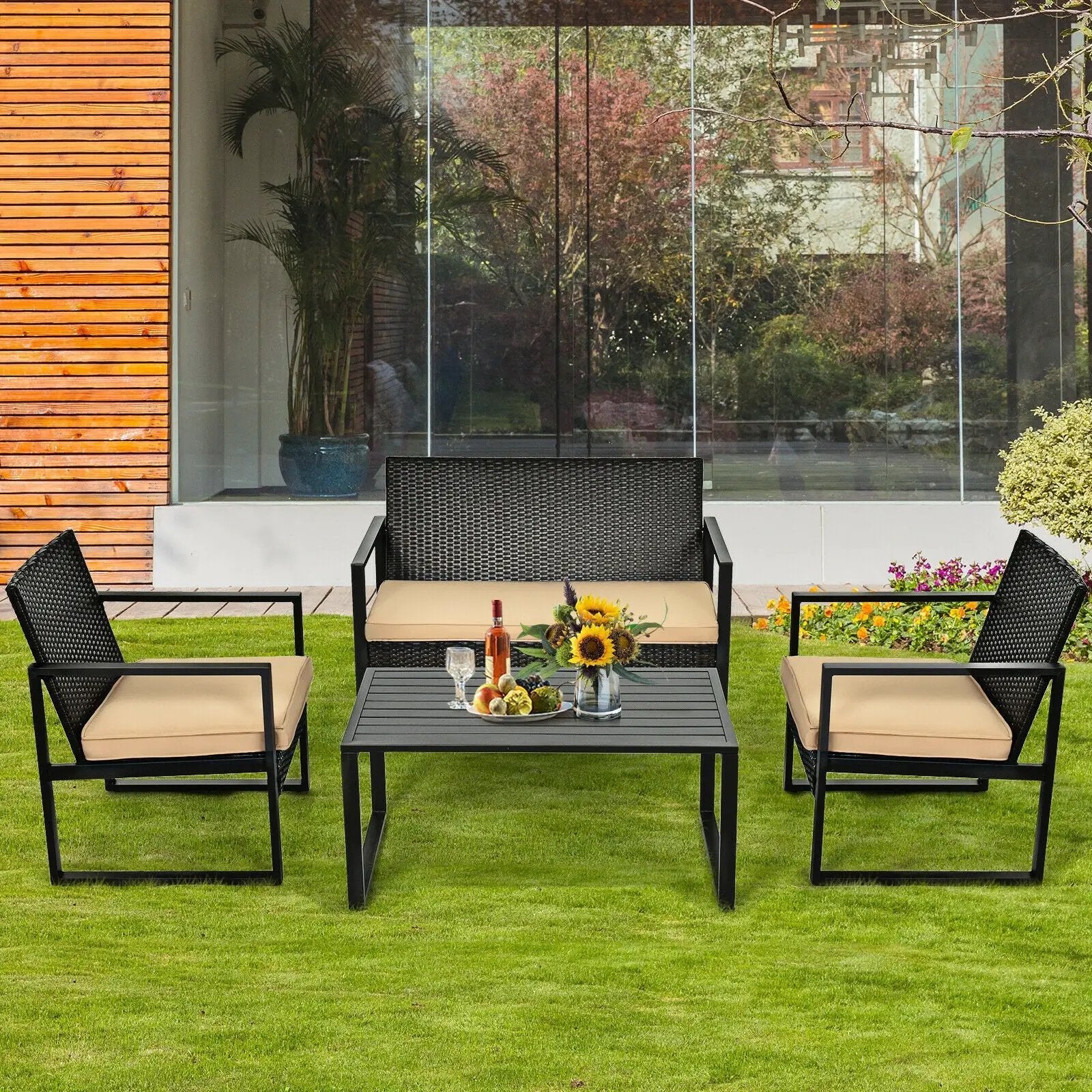 4 Pieces Patio Rattan Furniture Set with Seat Cushions and Coffee Table by DirectDeals