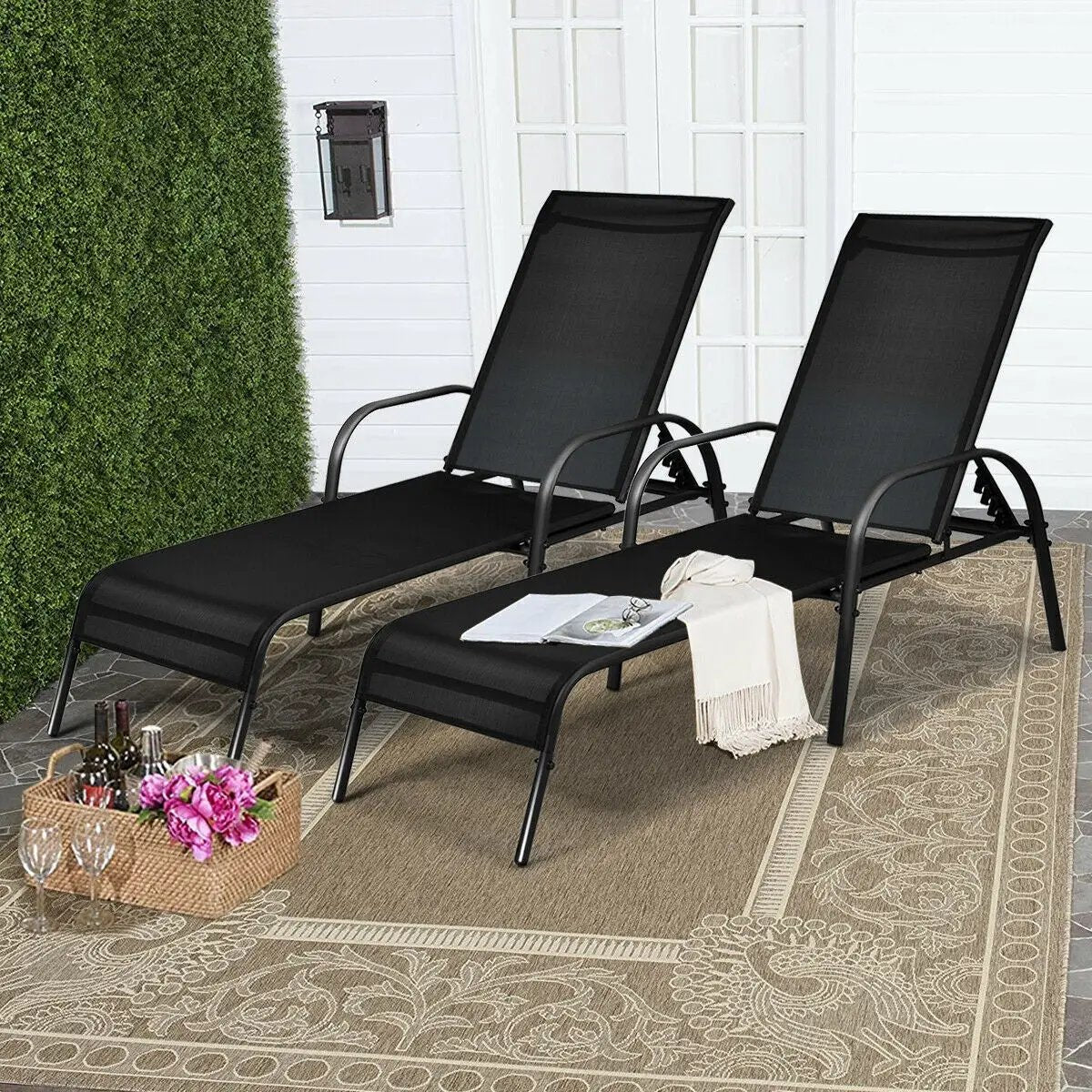 2 Pcs Outdoor Patio Lounge Chair Chaise Fabric with Adjustable Reclining Armrest-Brown by DirectDeals