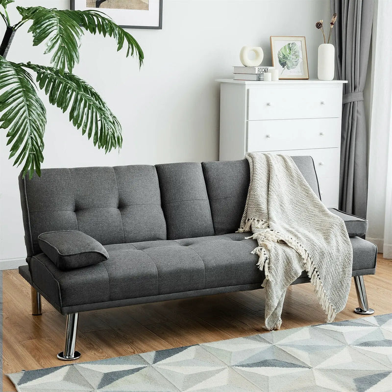 Convertible Folding Futon Sofa Bed Fabric with 2 Cup Holders by DirectDeals