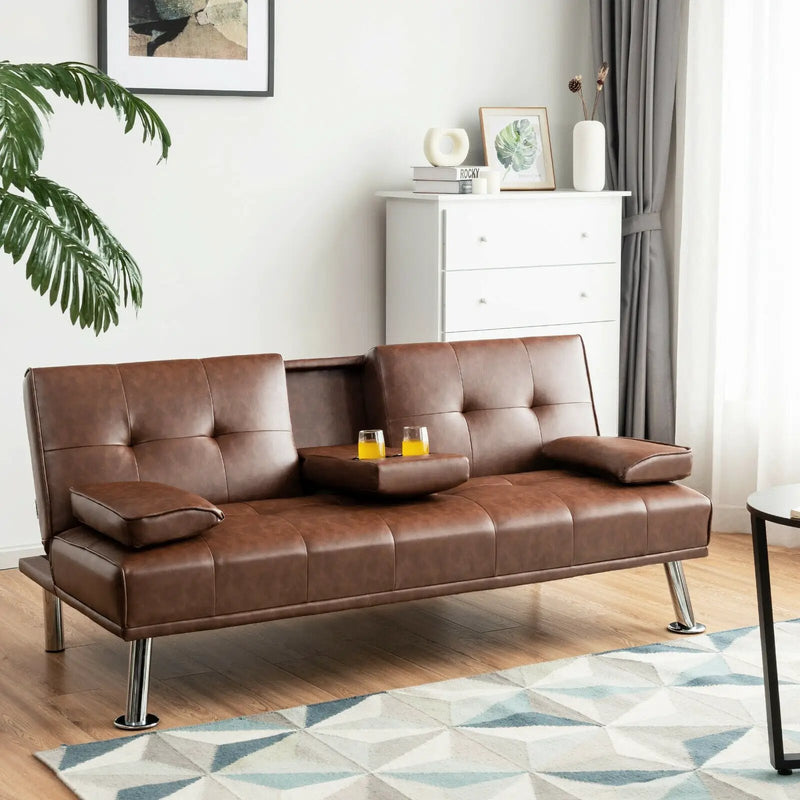 Convertible Folding Leather Futon Sofa with Cup Holders and Armrests by DirectDeals