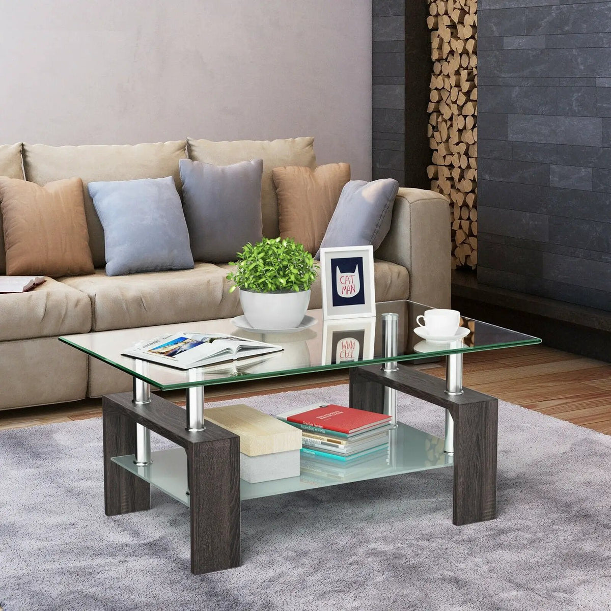 Rectangular Tempered Glass Coffee Table with Shelf, photo 4 of 32