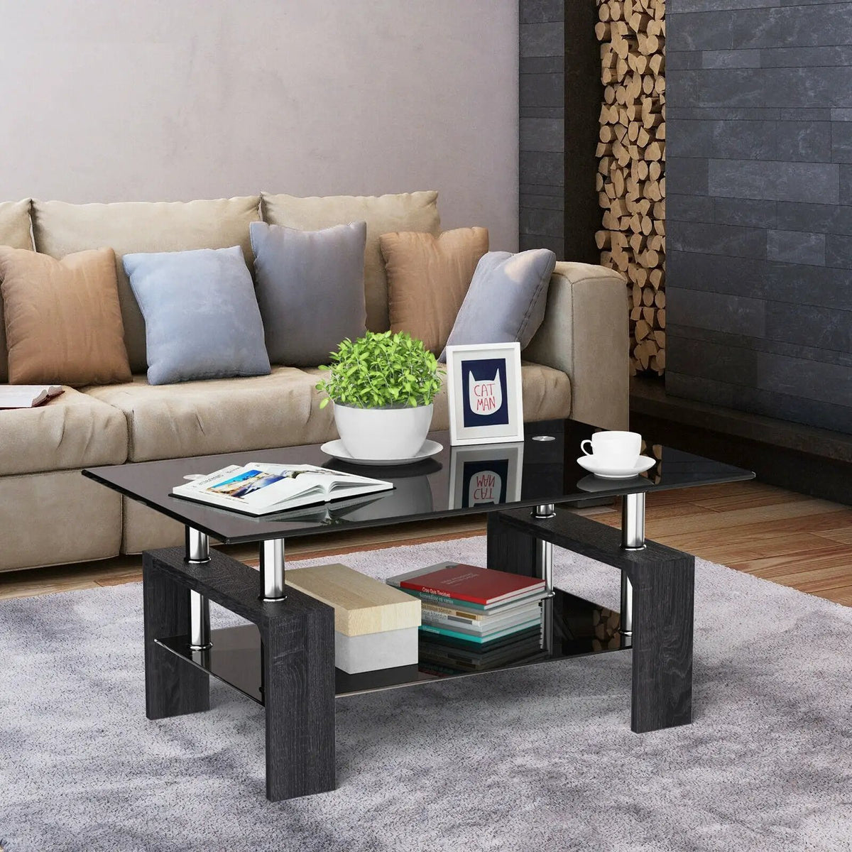Rectangular Tempered Glass Coffee Table with Shelf, photo 2 of 32