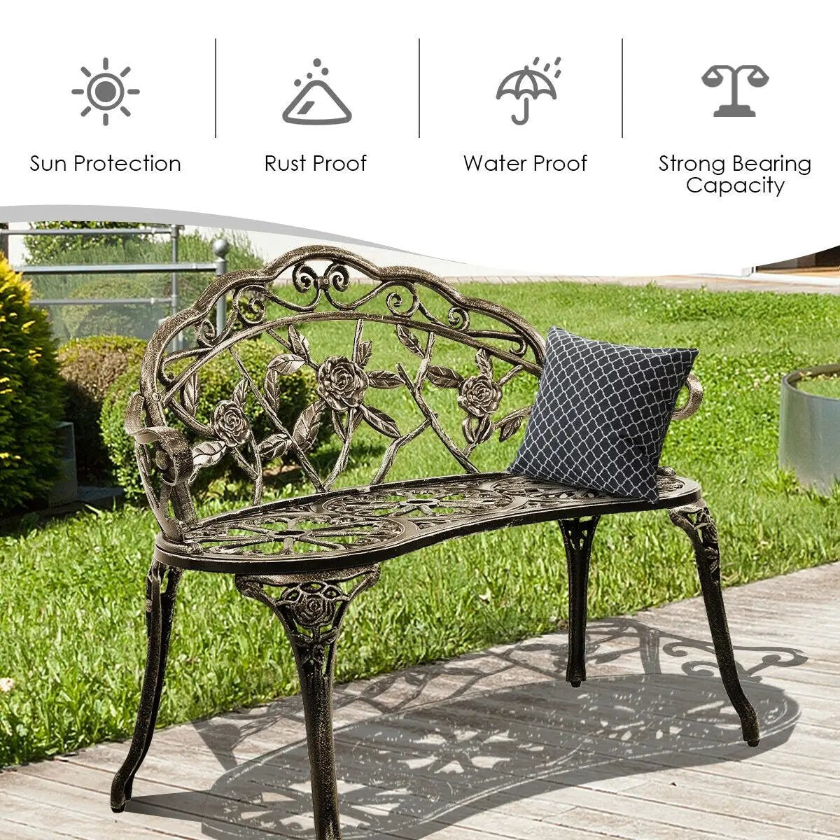 Outdoor Cast Aluminum Patio Bench Antique Rose, photo 4 of 16