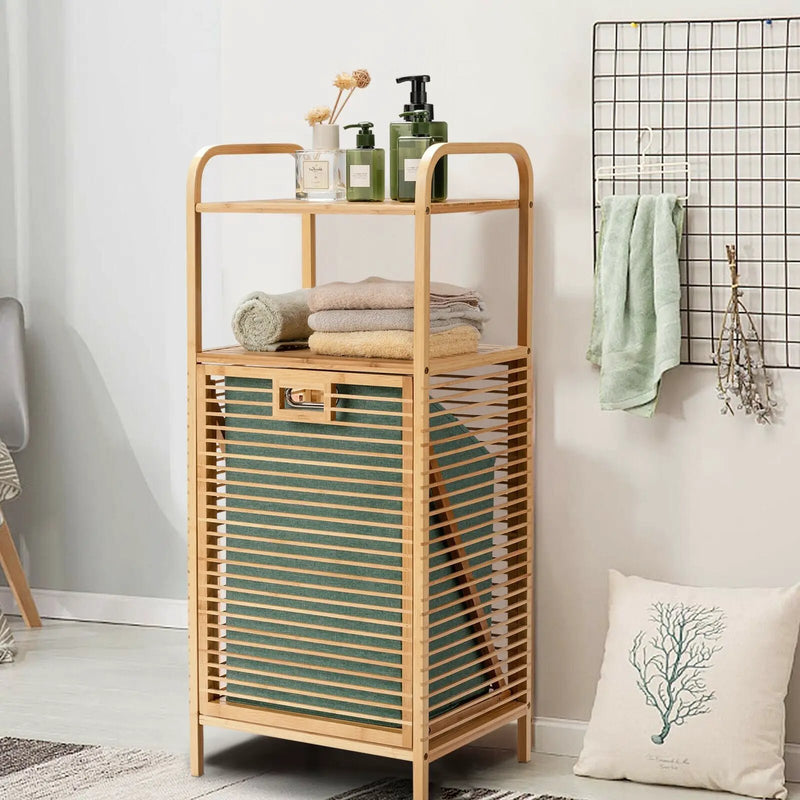 Tilt-out Bamboo Laundry Hamper with 2-Tier Shelf and Removable Liner-Natural by DirectDeals