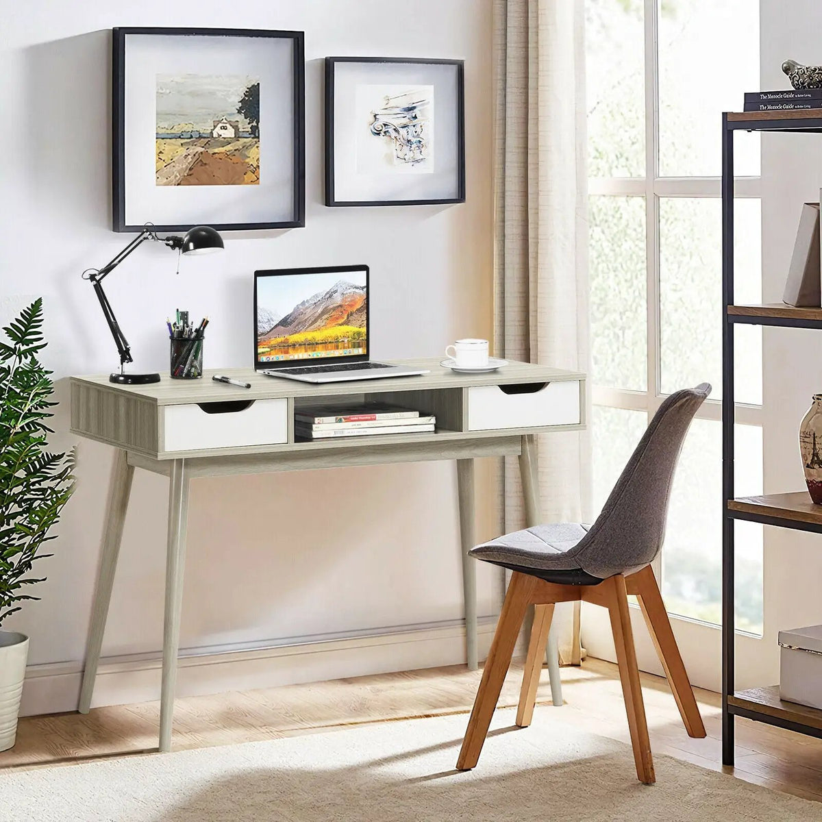 Stylish Computer Desk Workstation with 2 Drawers and Solid Wood Legs, photo 15 of 16