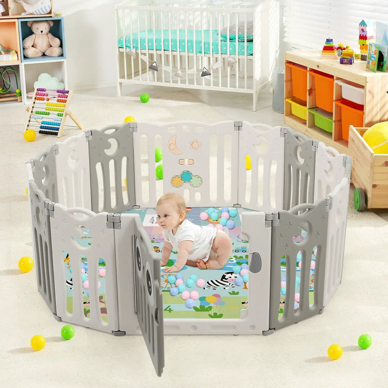 14-Panel Baby Playpen Kids Activity Center Foldable Play Yard with Lock Door by DirectDeals