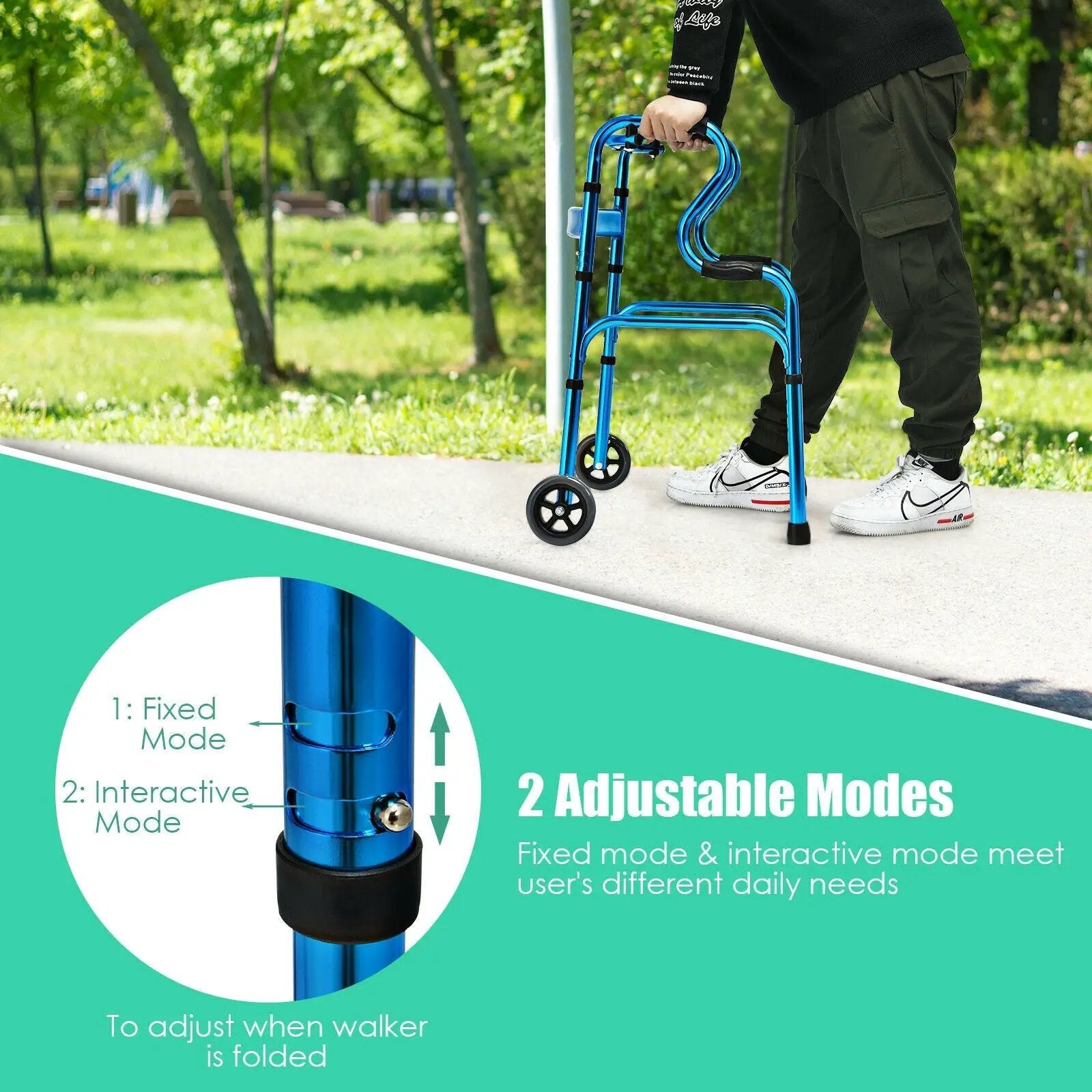 Adjustable Heavy-Duty Folding Walker with Unidirectional Wheels and Bi-Level Armrests-Black by DirectDeals